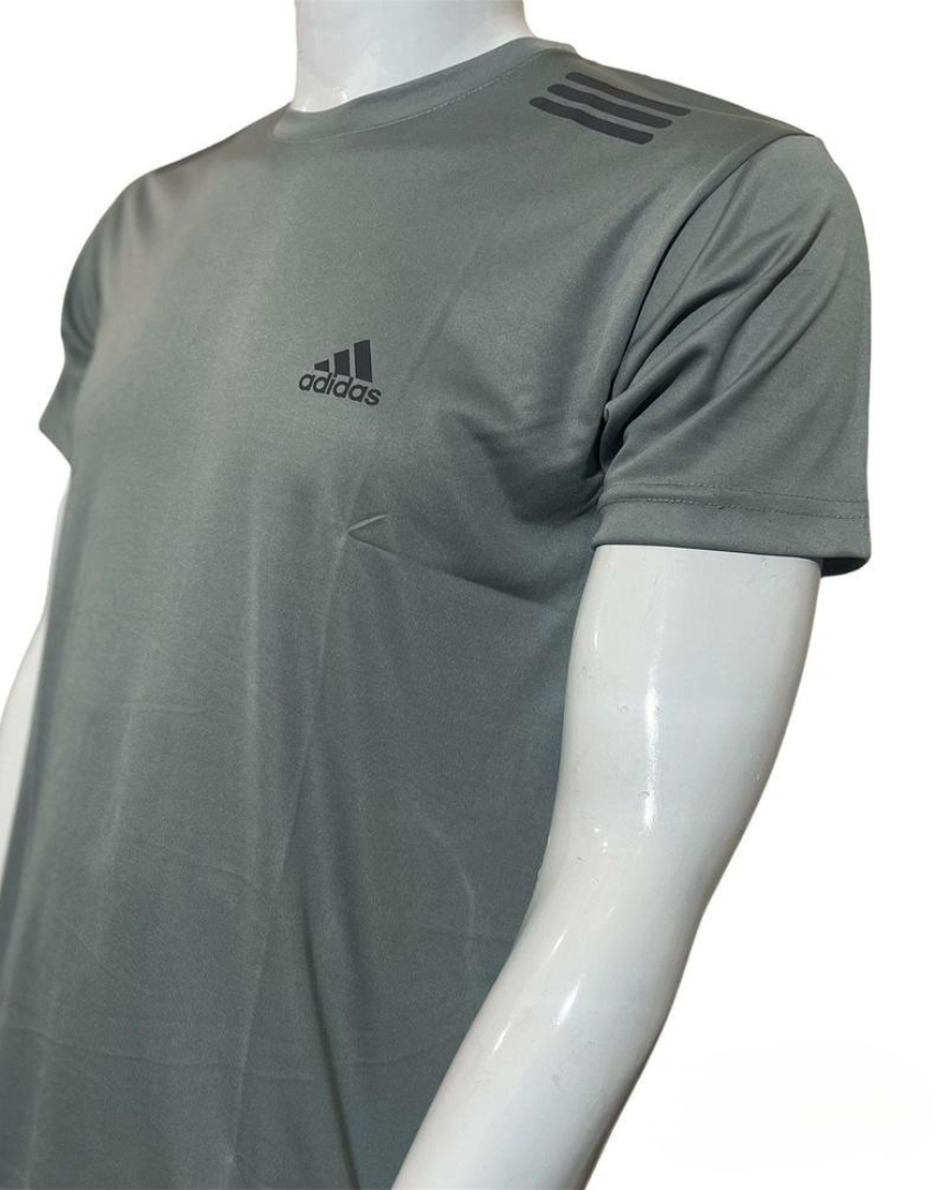 Gray Adidas t-shirt on a mannequin against a white background