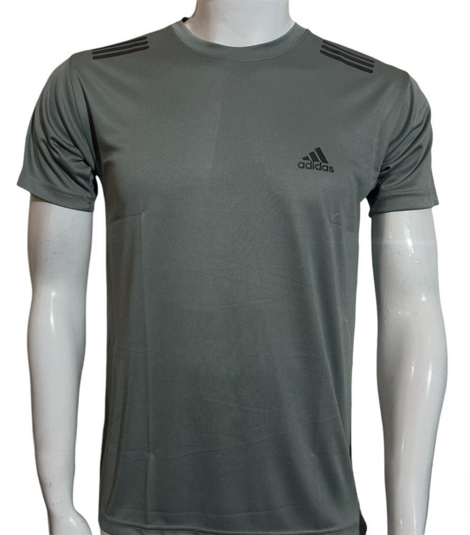 Gray Adidas t-shirt on a mannequin with a white background