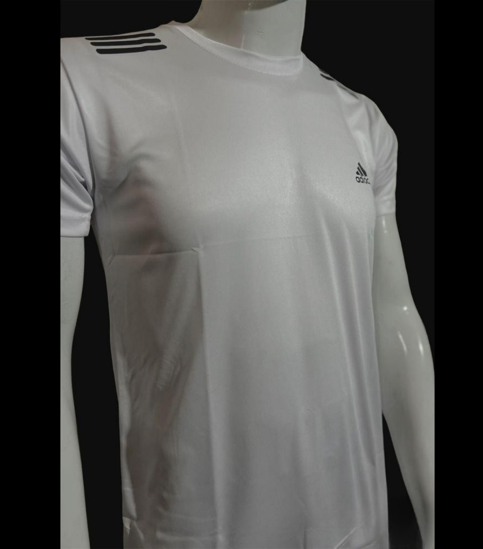 White Adidas shirt on a mannequin with a black background