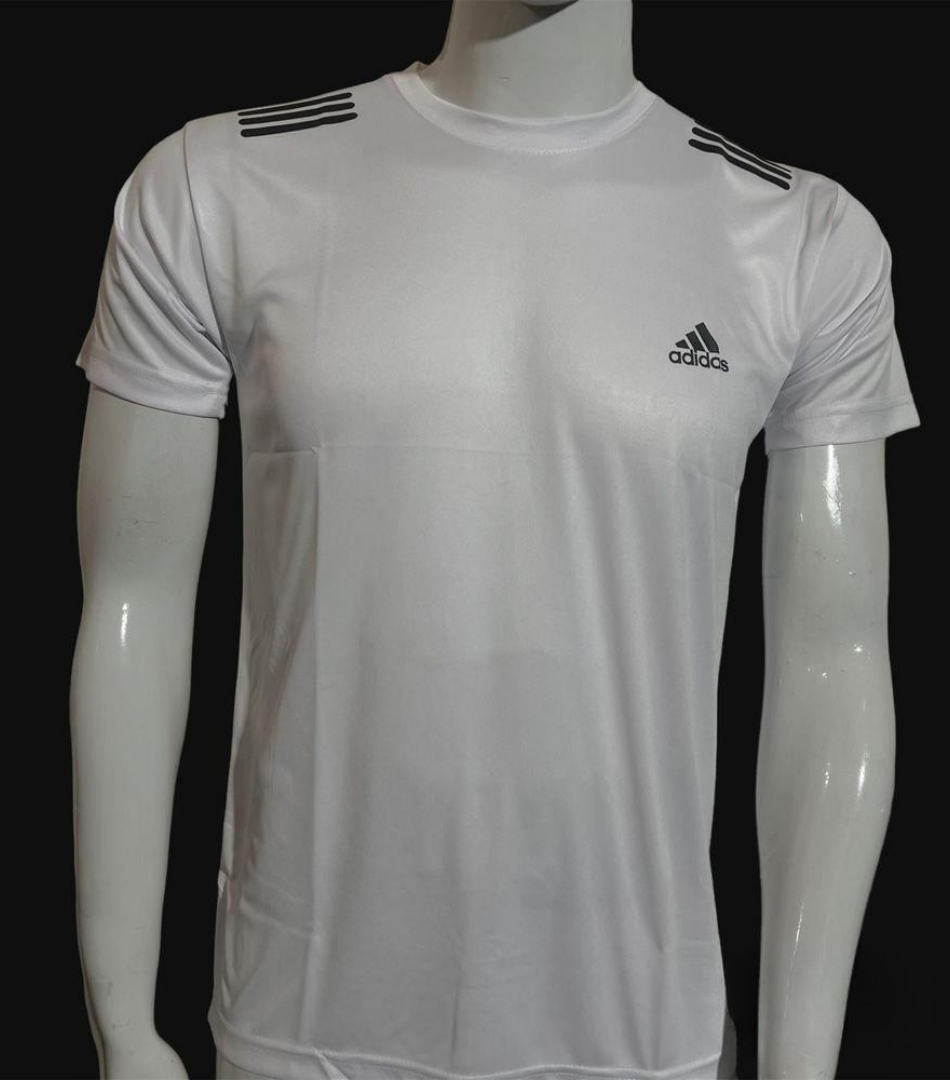 White Adidas t-shirt on a mannequin with a black background