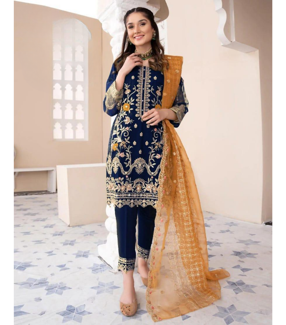 3 Pcs Women's Stitched Organza Embroidered Suit